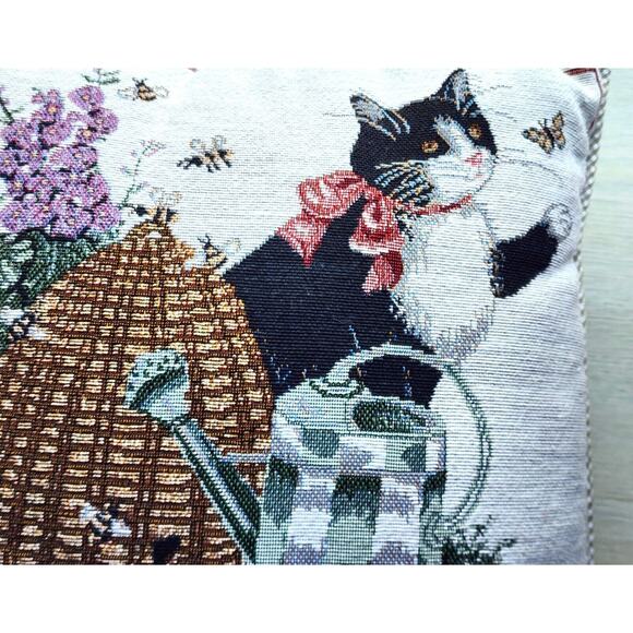 PILLOW-TAPESTRY-ADRIENNE SAMUELSON-Cat-Garden-Bees-Butterfly-Country-12" x 12" - Picture 4 of 14